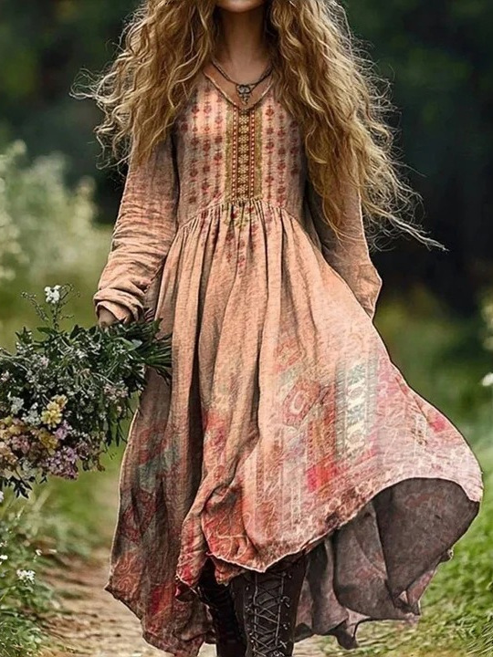 Vintage Floral Embroidery Women's Cotton Long Dress