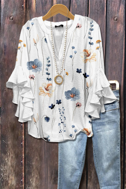 Women Floral Half Sleeve Shirt Summer Printing V Neck Daily Casual Top