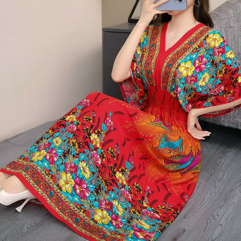 Women's Cotton Rayon Short-Sleeve French-Thai Style Printed Vacation Dress