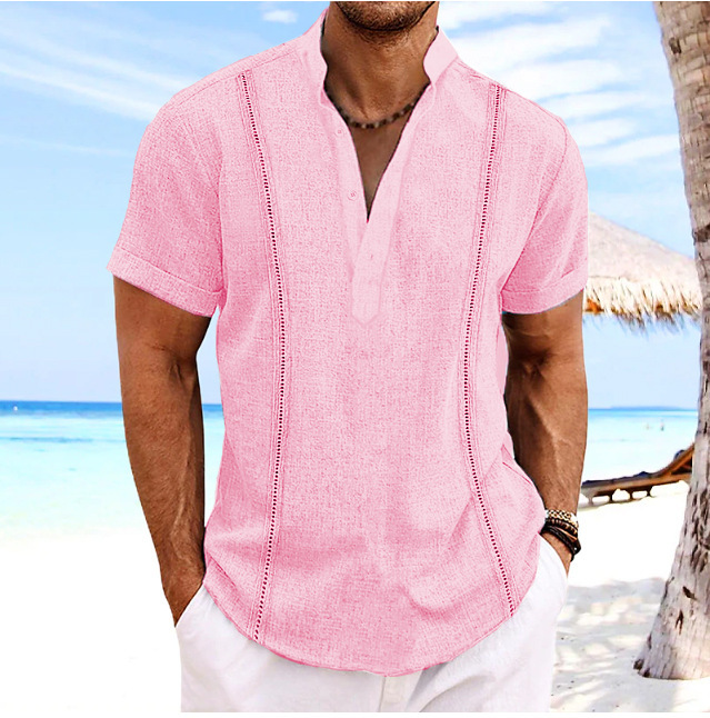 Men’s Fashion Stand-Collar Cotton–Linen Solid-Patch Shirt