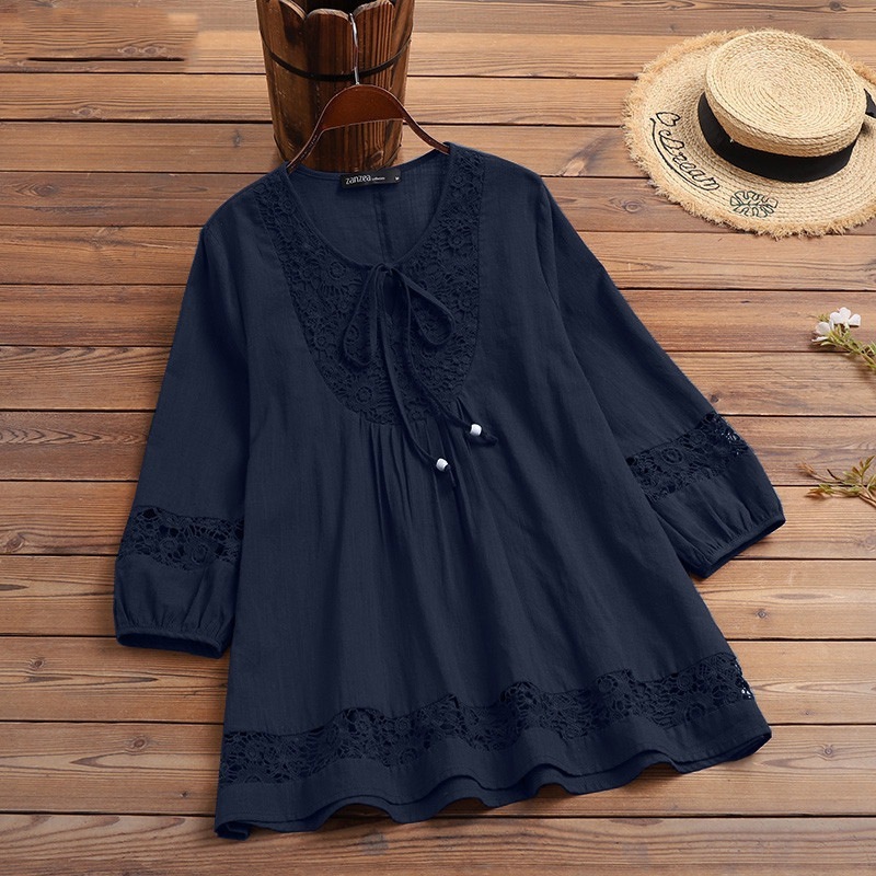 Women's Round Neck Tie Three-quarter Sleeve Hollow Embroidery Stitching Casual Cotton and Linen Top