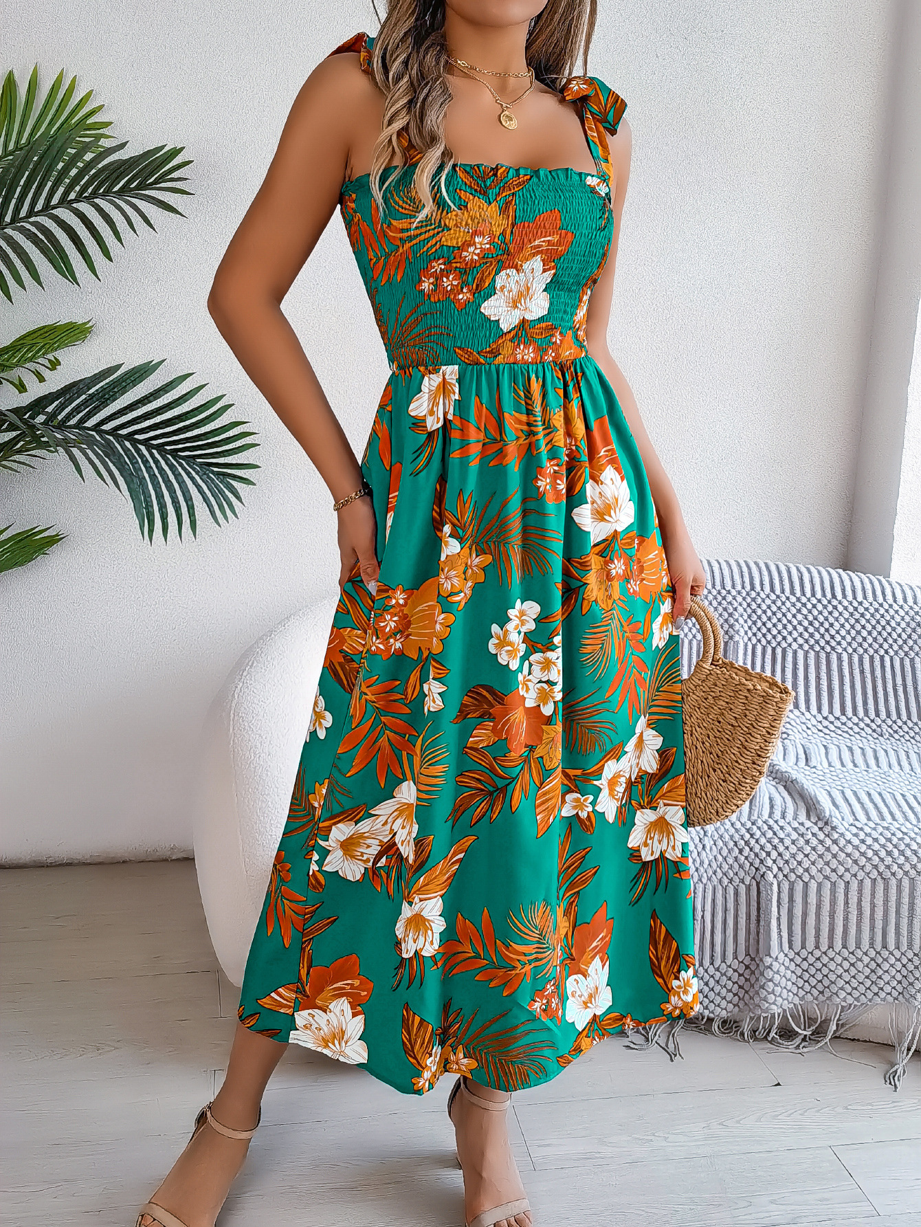 Women’s Elegant Floral Tie-Waist Spaghetti Strap Beach Maxi Dress