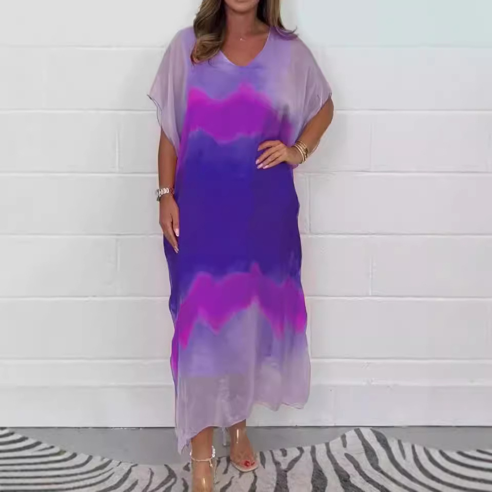 Women's Comfortable Long Chiffon Casual Colorblock Lightweight Dress