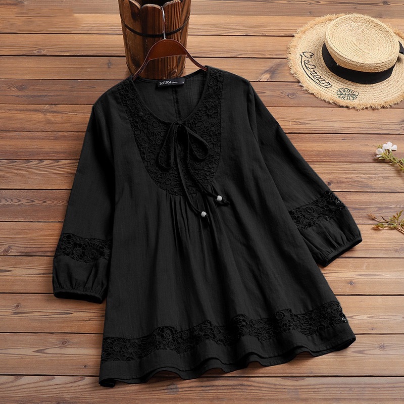 Women's Round Neck Tie Three-quarter Sleeve Hollow Embroidery Stitching Casual Cotton and Linen Top