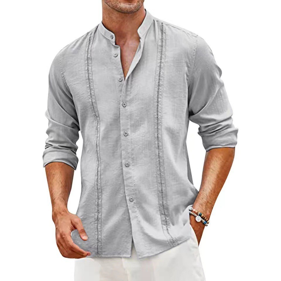 Men's Casual Stand Collar Button-Up Cotton Linen Shirt