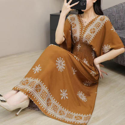 Women's Cotton Rayon Short-Sleeve French-Thai Style Printed Vacation Dress
