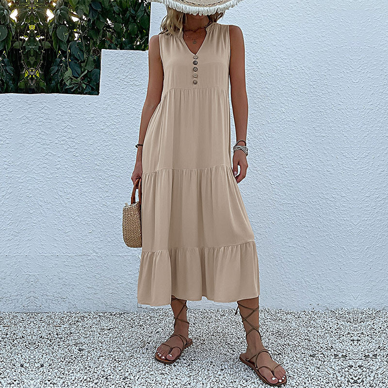 Wholesale V-Neck Button Detailed Boho Midi Ruffle Dress For Women