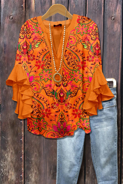 Women Floral Half Sleeve Shirt Summer Printing V Neck Daily Casual Top