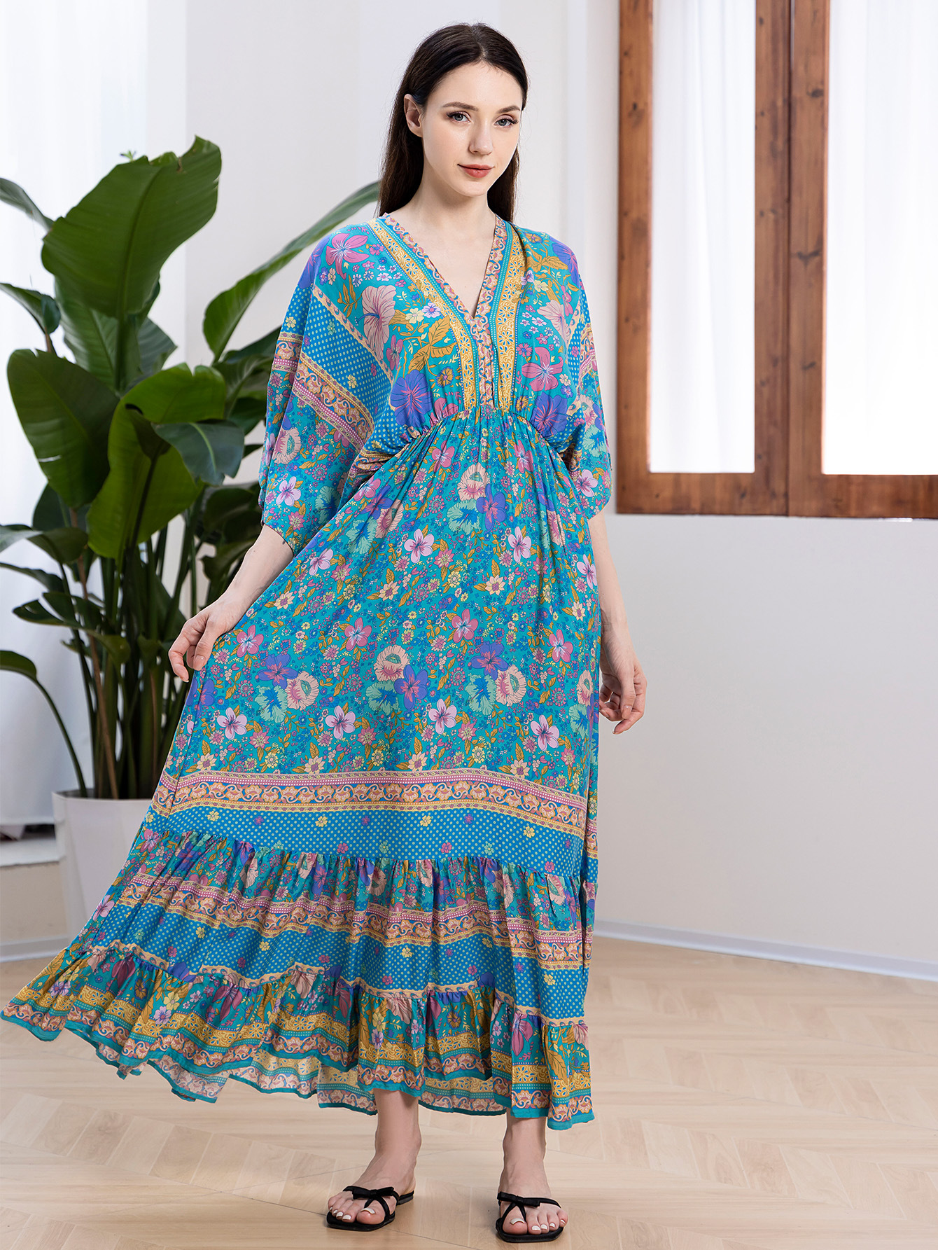 Women's Elegant Loose Cotton Floral Print Dress-One Size