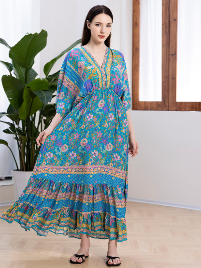 Women's Elegant Loose Cotton Floral Print Dress-One Size