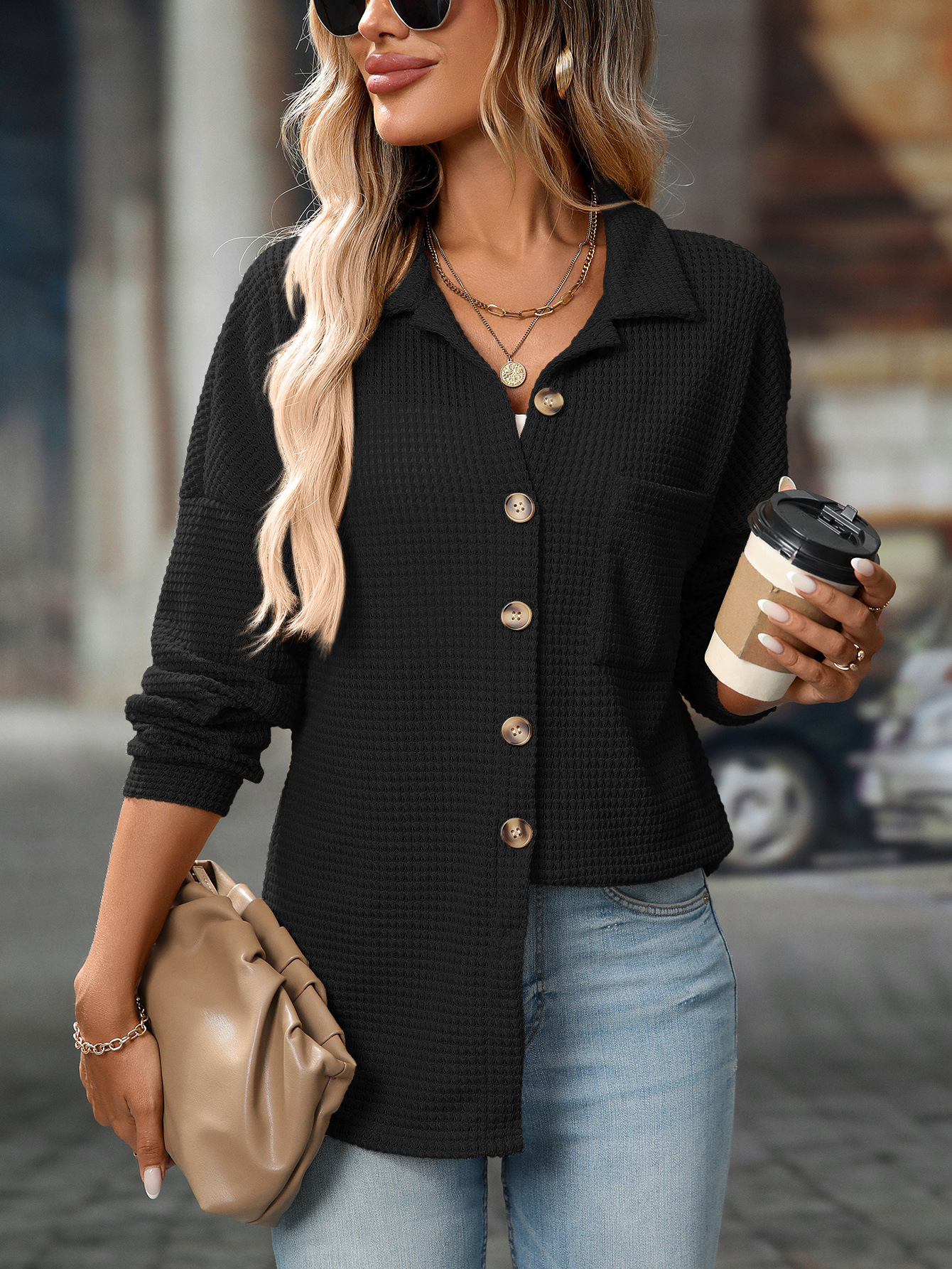 Women's Fashion Loose Waffle Knit Casual Versatile Commuter Shirt