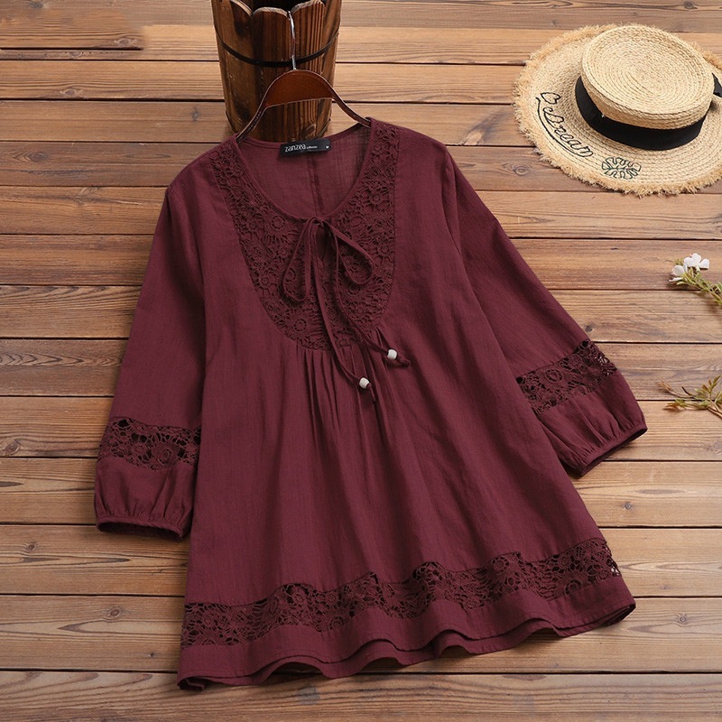 Women's Round Neck Tie Three-quarter Sleeve Hollow Embroidery Stitching Casual Cotton and Linen Top