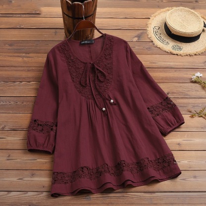 Women's Round Neck Tie Three-quarter Sleeve Hollow Embroidery Stitching Casual Cotton and Linen Top