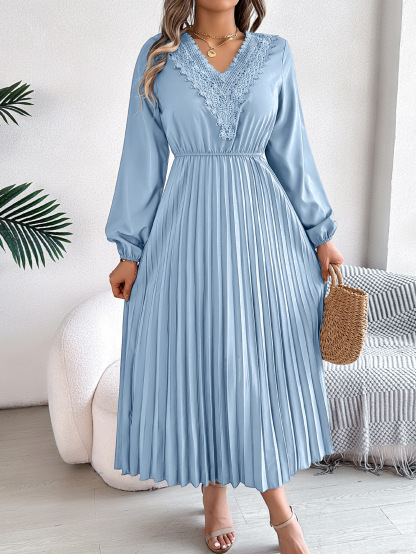 European‑Style Elegant V‑Neck Lace Waist‑Cinching Pleated Maxi Dress
