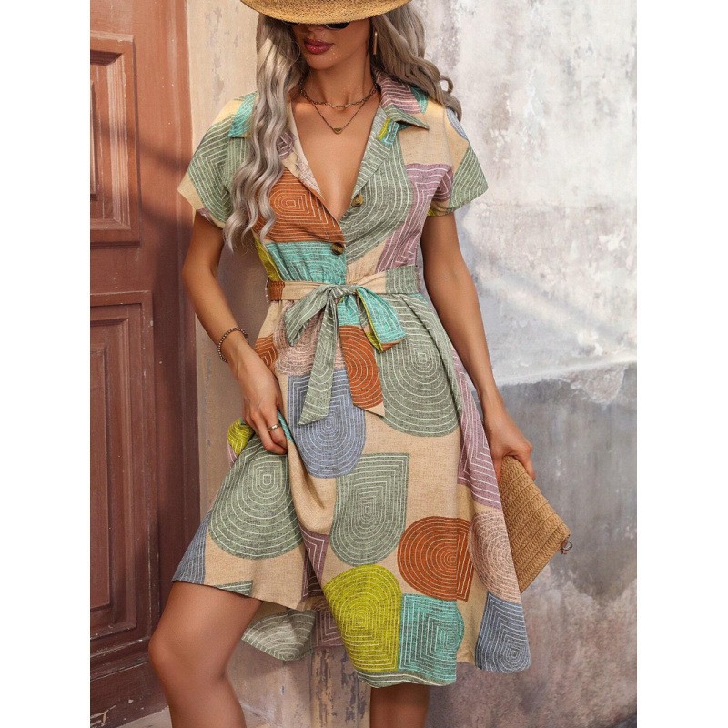 Printed Collared Neck Tie Waist Dress