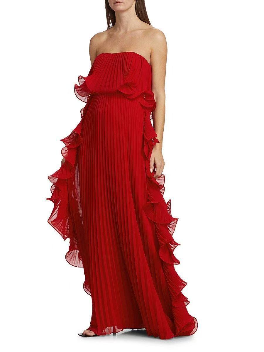 Elegant Chiffon Pleated Wavy Ruffles Trim Strapless Loose Maxi Dress