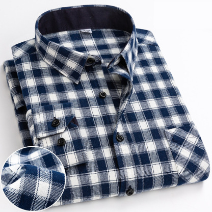 Men's Casual Plaid Shirt – Cotton Brushed, Polo Collar, All Seasons