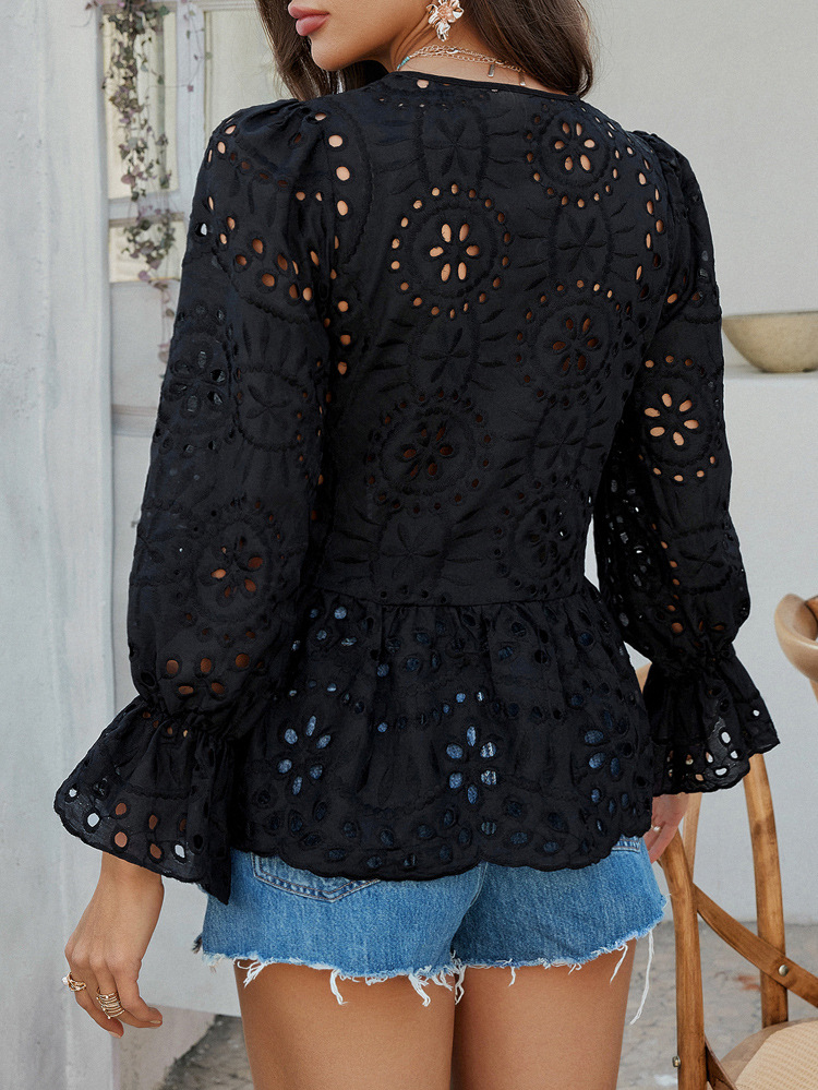 Elegant Loose Lace-Up Cardigan Solid Color Hollow-Out Women's Blouse