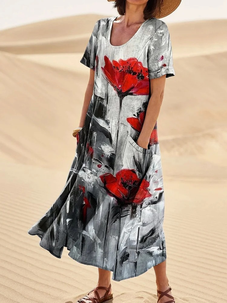 Women's Lovely Floral Art Print Casual Cotton Linen Pocket Dress