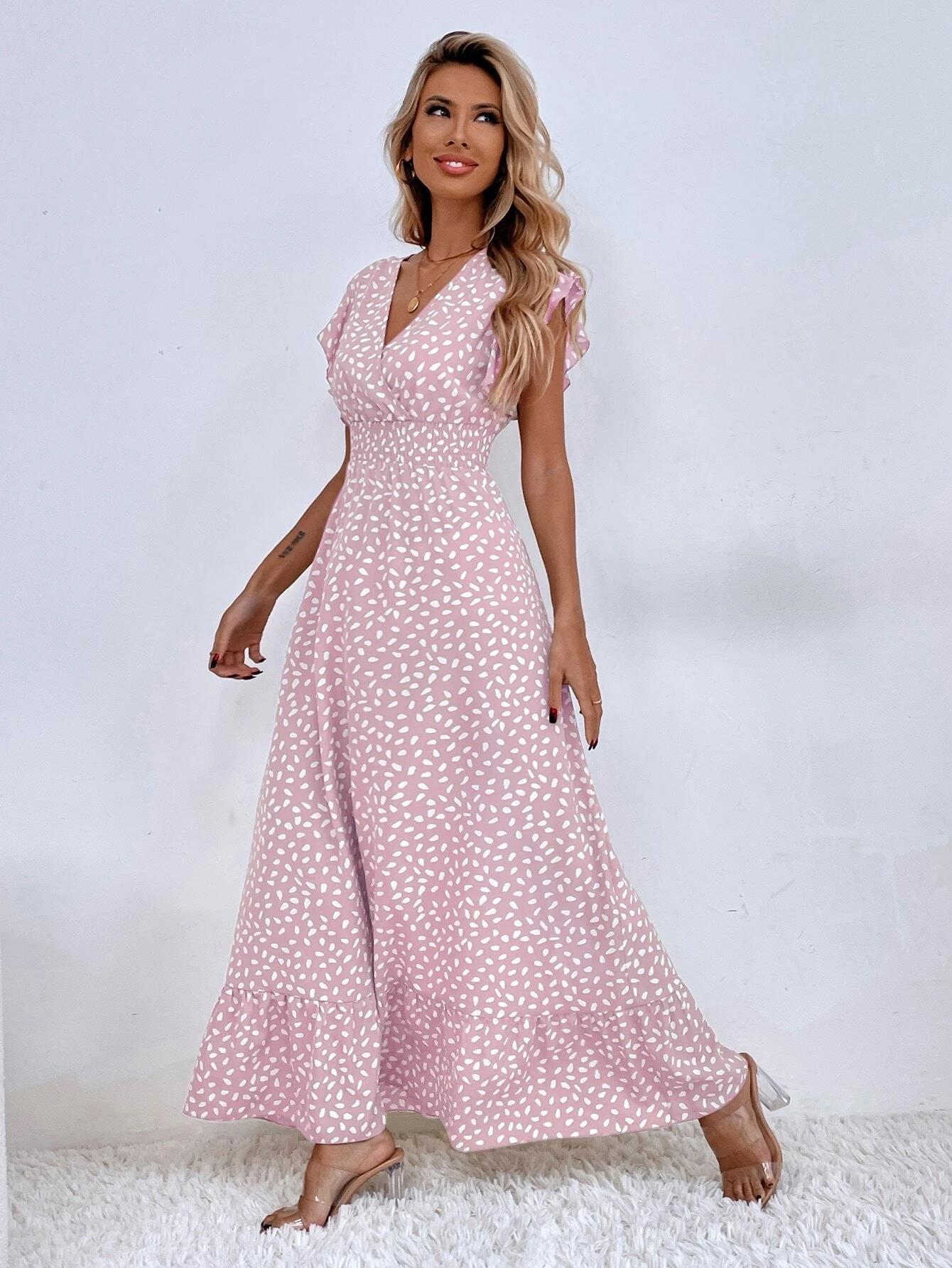 Women's Elegant Ruffle V-Neck Waist-Cinching Dress