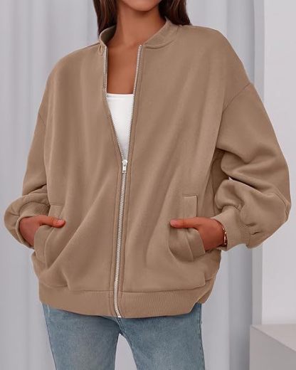 Women's Casual Zip-Up Jacket – Solid Color, Warm, Baseball Collar Design