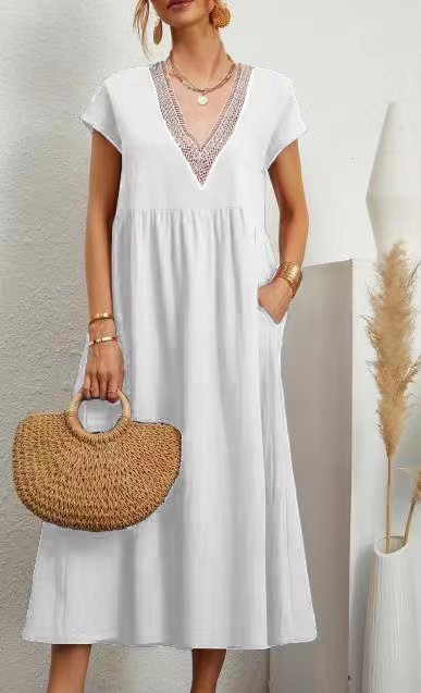 New Solid Color Lace-Trimmed V-Neck Sleeveless Cotton-Linen Pocket Dre