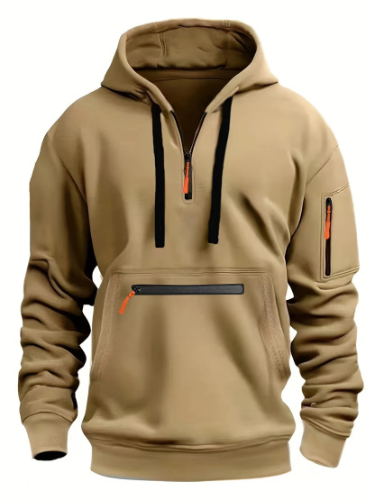 Men’s Waterproof Hooded Pullover – Sporty Half-Zip Jacket with Multi Pockets