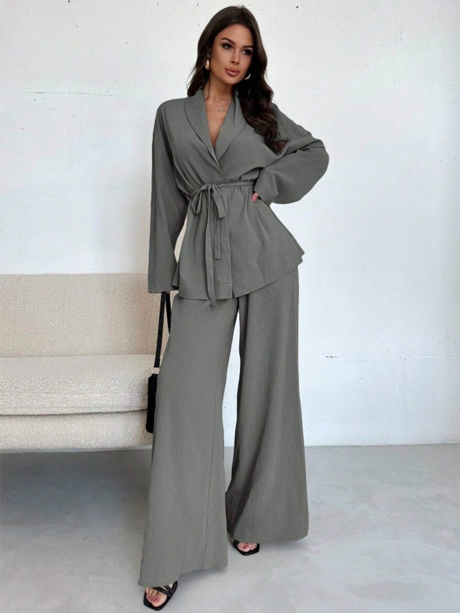 V-neck Elegant Long-Sleeve Wide-Leg Pantsuit