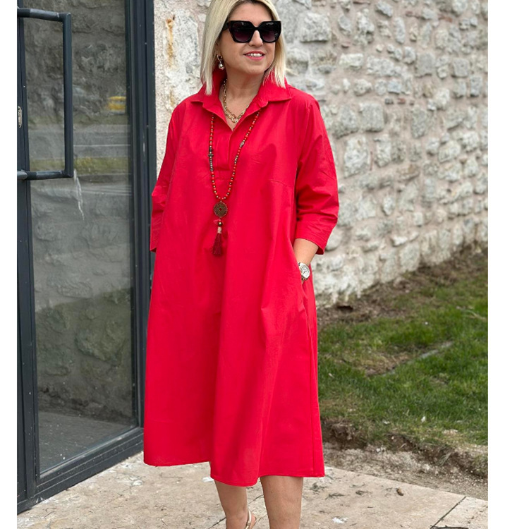 New Long Shirt Dress – Solid Color, Elegant Commuter Style with Turn-Down Collar