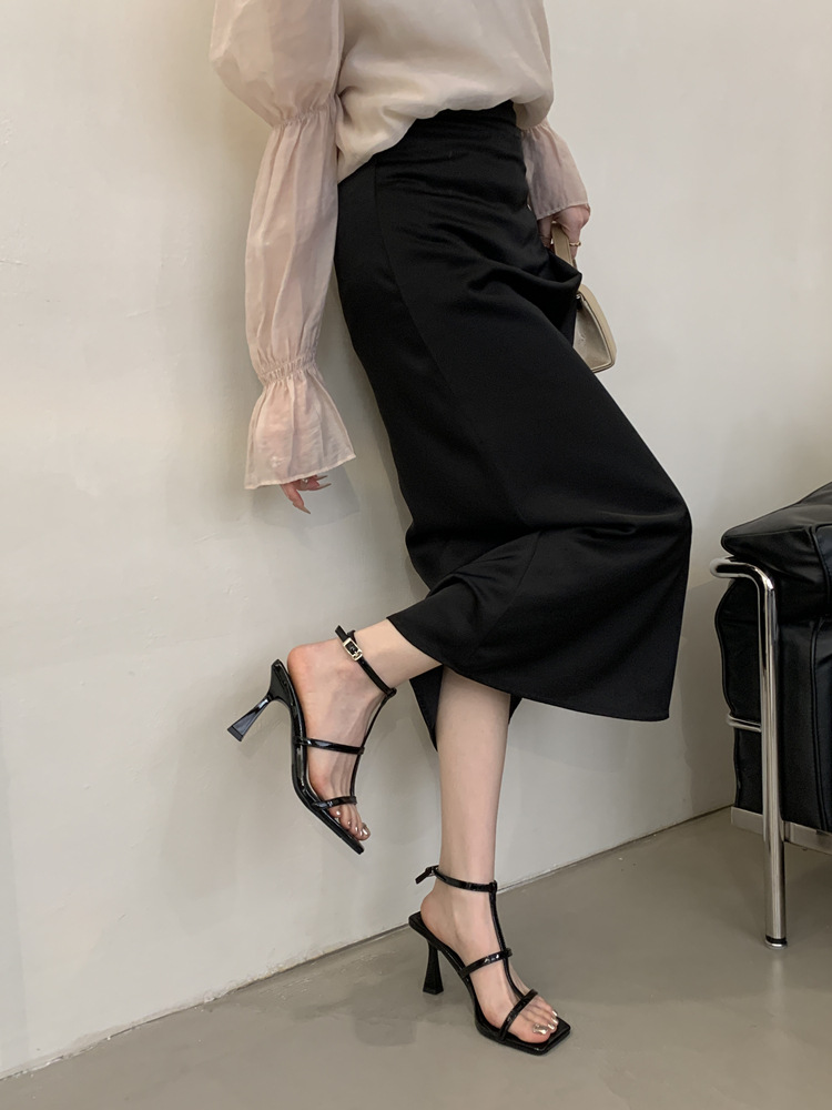 2025 Summer New French-Style Nude Square-Toe Stiletto Sandals