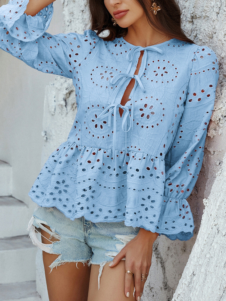 Elegant Loose Lace-Up Cardigan Solid Color Hollow-Out Women's Blouse