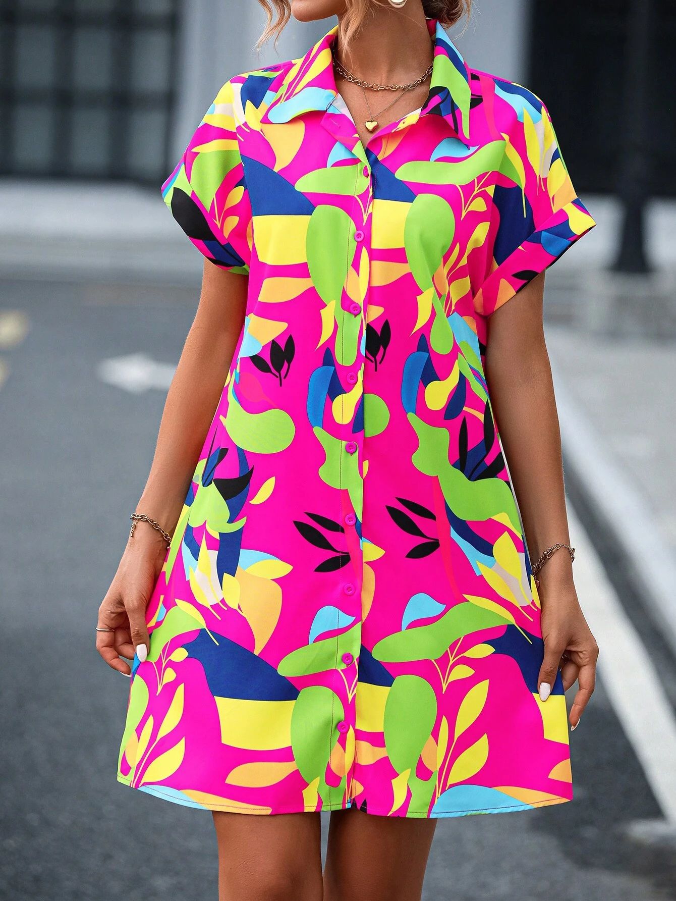 Women's Elegant Floral Print Single-Breasted Dress