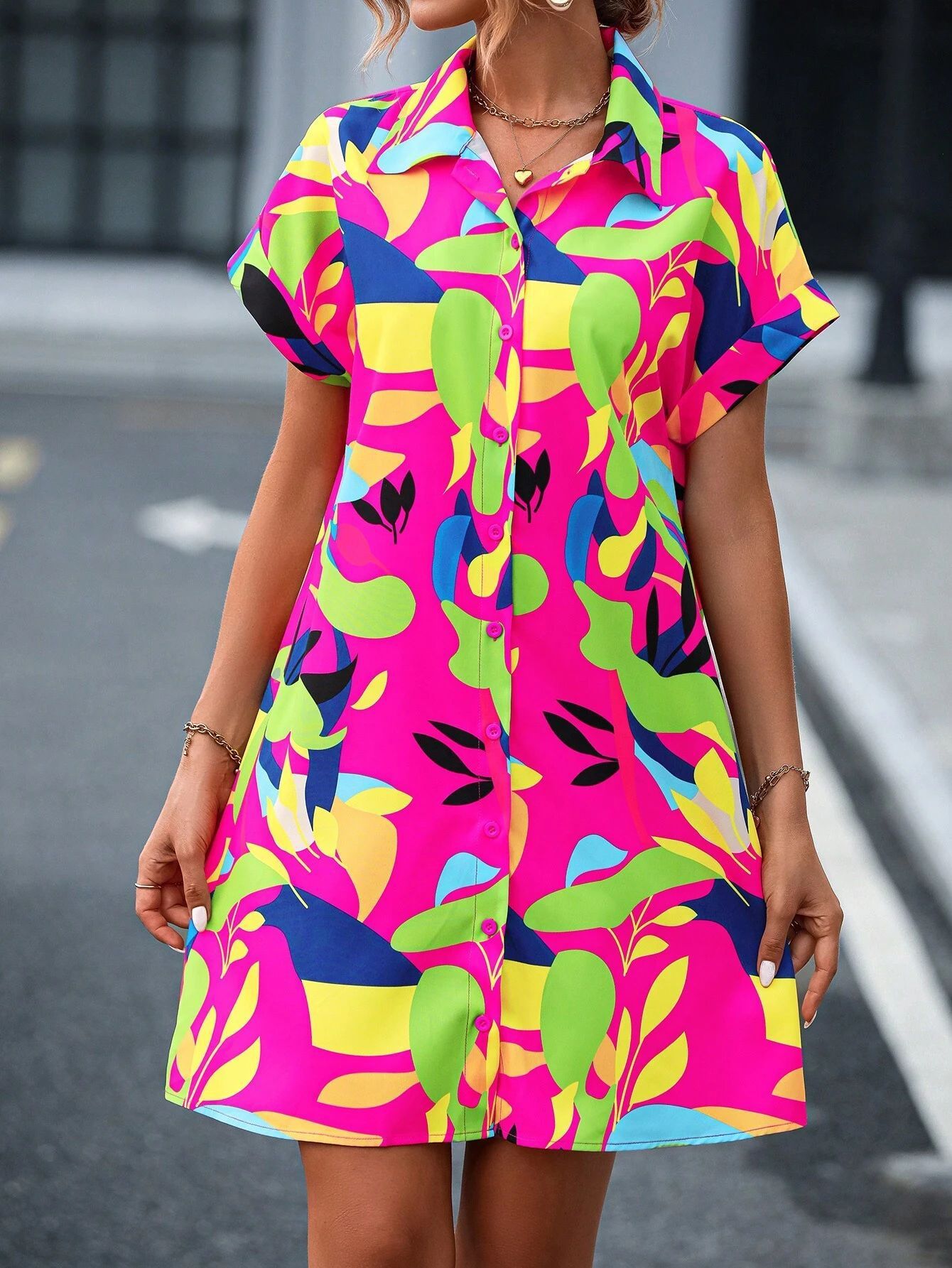 Women's Elegant Floral Print Single-Breasted Dress