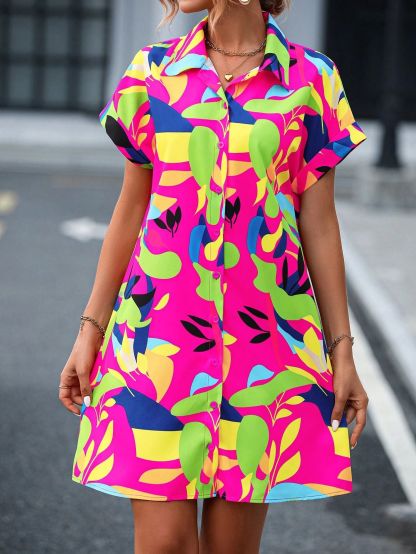 Women's Elegant Floral Print Single-Breasted Dress