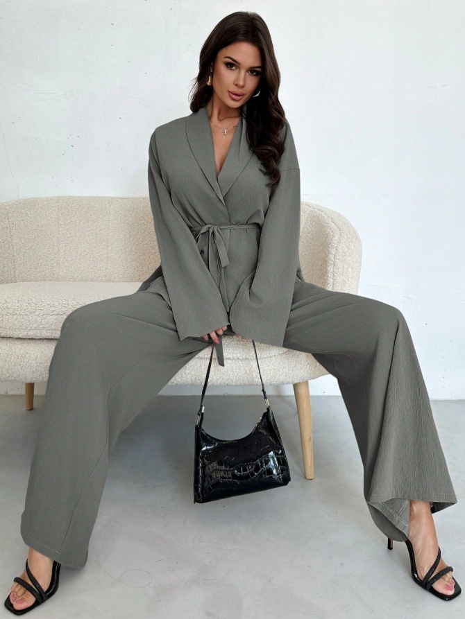 V-neck Elegant Long-Sleeve Wide-Leg Pantsuit