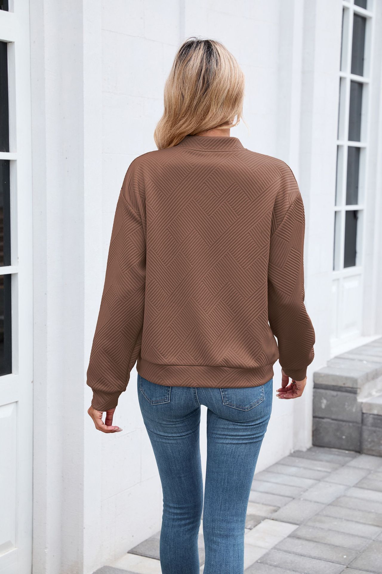 New solid color round neck zipper loose long sleeve sweatshirt baseball jacket