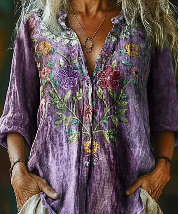 Bohemian Style Linen Floral Art Print Long Sleeve Shirt