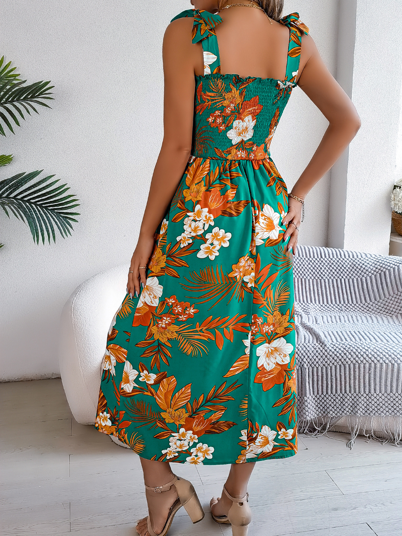 Women’s Elegant Floral Tie-Waist Spaghetti Strap Beach Maxi Dress