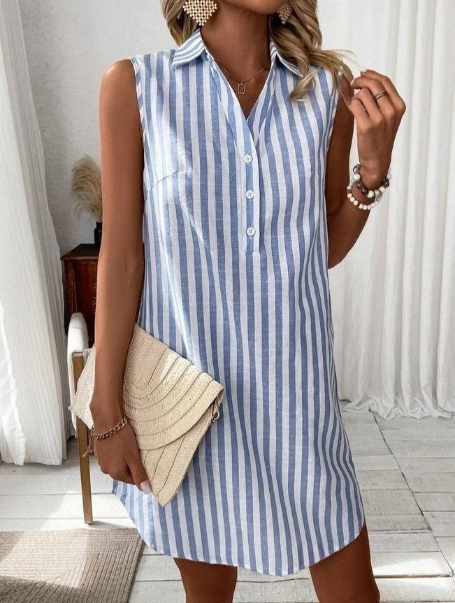 Women's Vintage Striped Button Sleeveless Cotton And Linen Dress