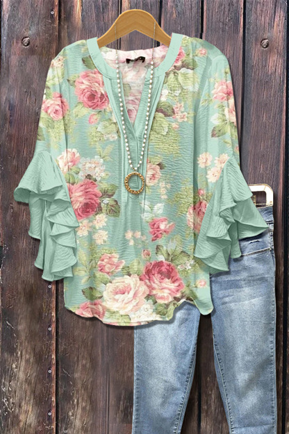Women Floral Half Sleeve Shirt Summer Printing V Neck Daily Casual Top