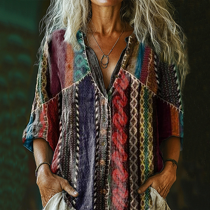 Bohemian Style Linen Floral Art Print Long Sleeve Shirt