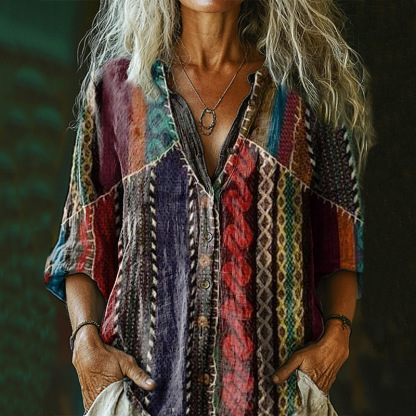 Bohemian Style Linen Floral Art Print Long Sleeve Shirt