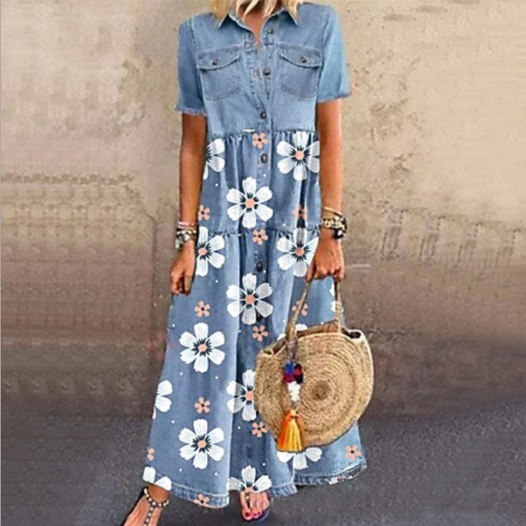 Elegant Denim Floral Print Long Dress