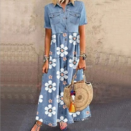 Elegant Denim Floral Print Long Dress