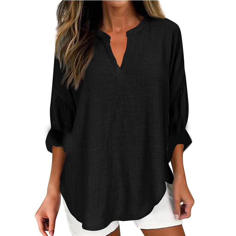 Women's Cotton Long Sleeve Round Neck Solid Color Loose Beach Shirt