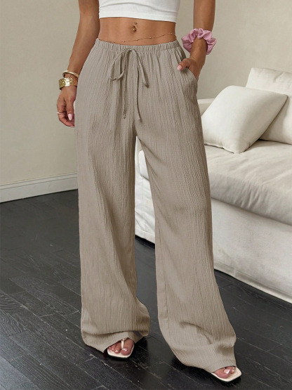 Slimming Wide Leg Pants Loose Drapey Pure Color High Waist Long Casual Trousers For Women Comfortable Breathable Elastic Waist