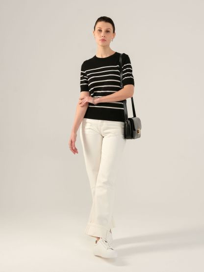 Women's Classic Striped Crew Neck Pullover Tencel Knit Top