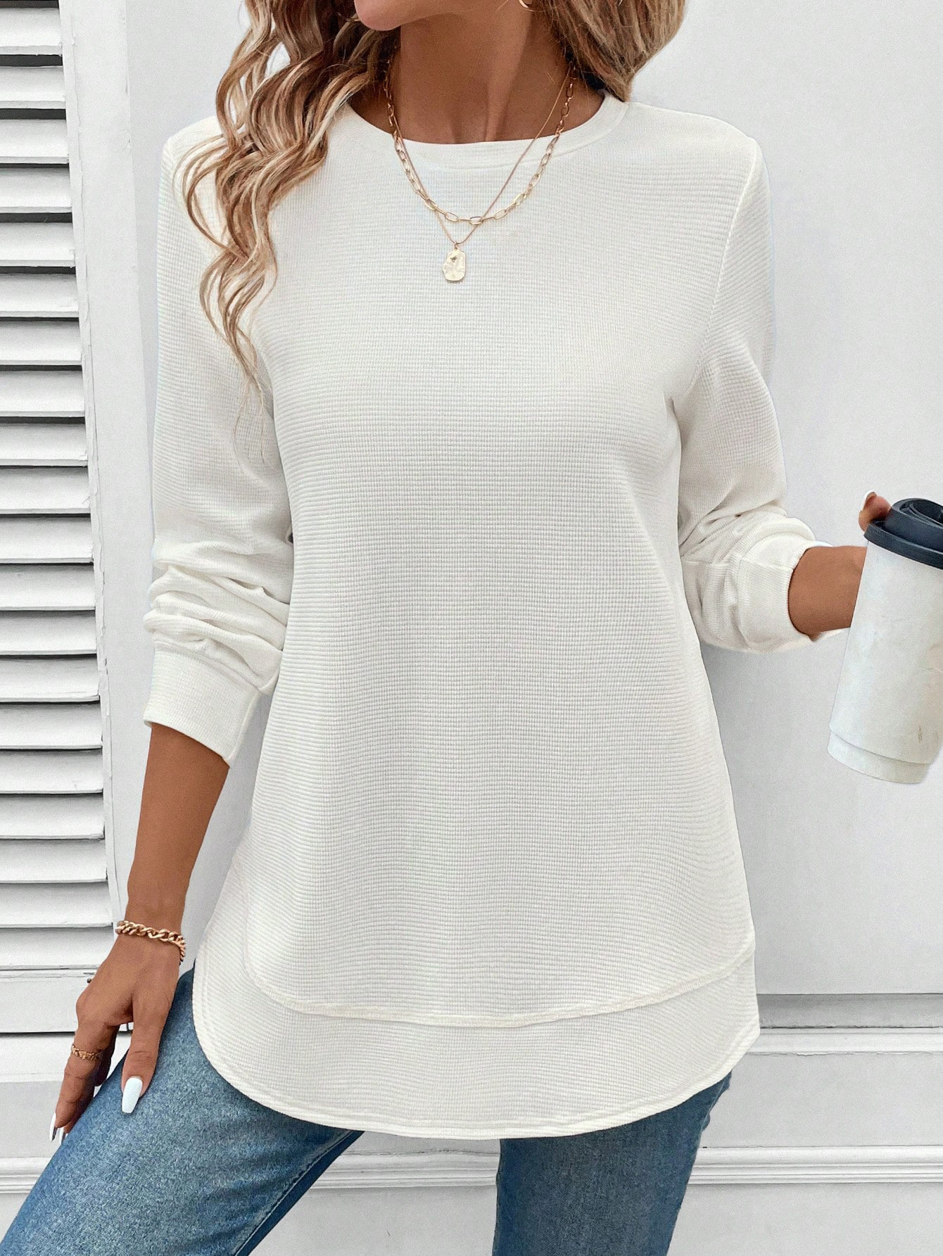 Rounded Neck Waffle Long Sleeve Top