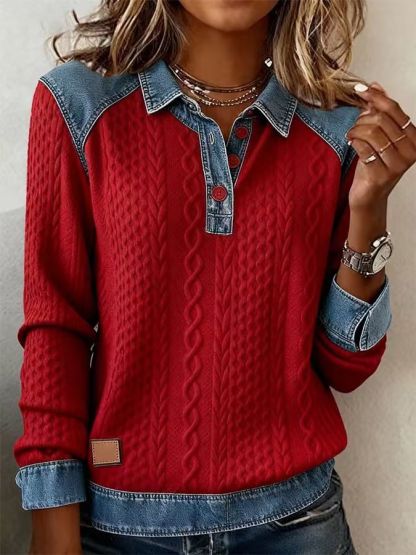 Elite Heritage Women's Mixed Media Denim Patchwork Pullover