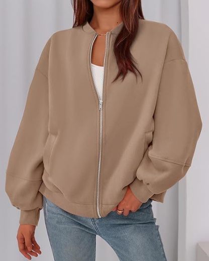 Women's Casual Zip-Up Jacket – Solid Color, Warm, Baseball Collar Design